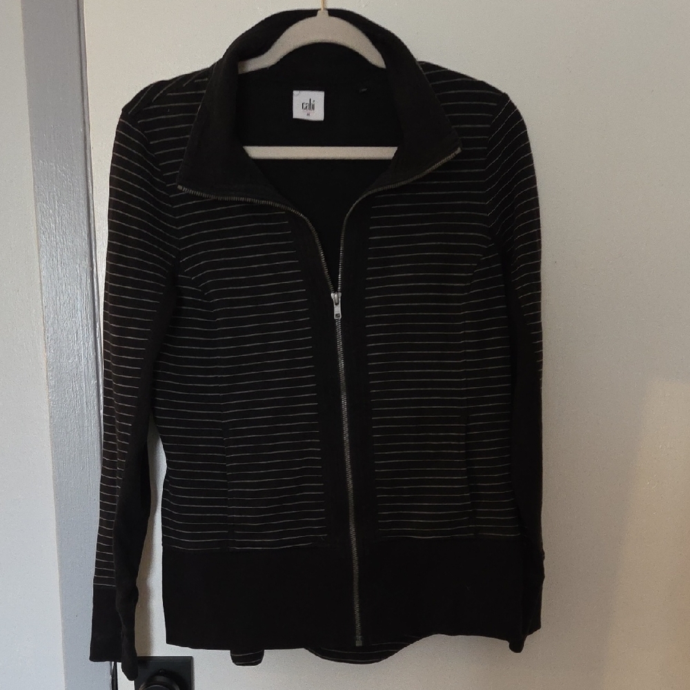 CAbi Black Striped Ribbed Trim Full Zip Jacket Medium Lightweight Outerwear